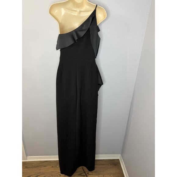 Halston Heritage One-Shoulder Draped Satin-Paneled Crepe Gown Black Dress Sz 4 - Picture 6 of 16